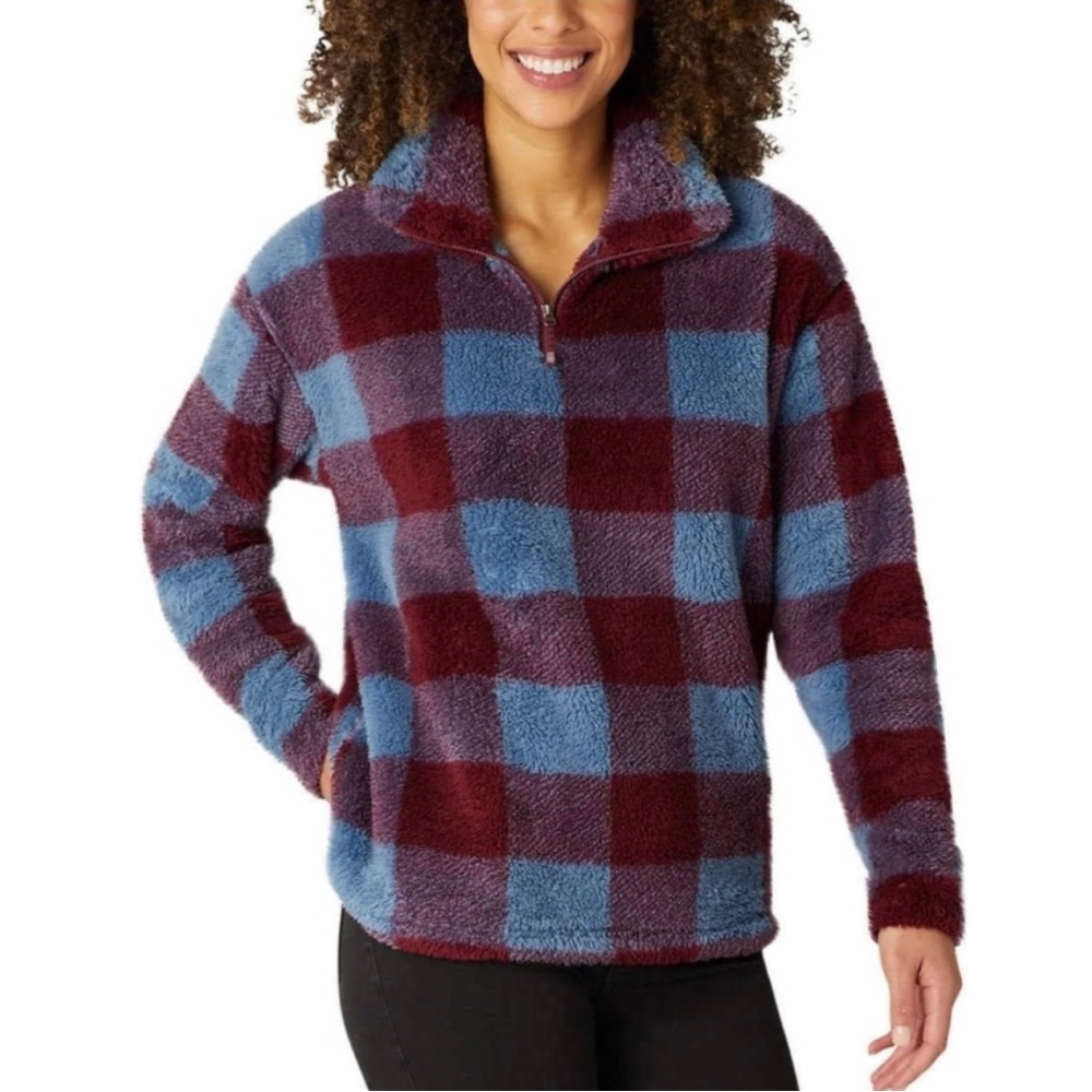Eddie Bauer Red and Blue Sherpa 1/4 Zip Pullover Size M